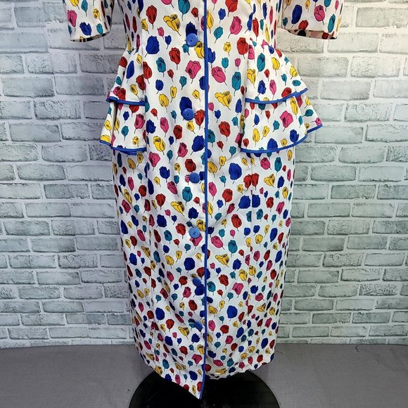 Vintage 80s Ms Chaus Womens 12 Colorful Rose Floral Pattern Peplum Sheath Dress - Picture 4 of 13